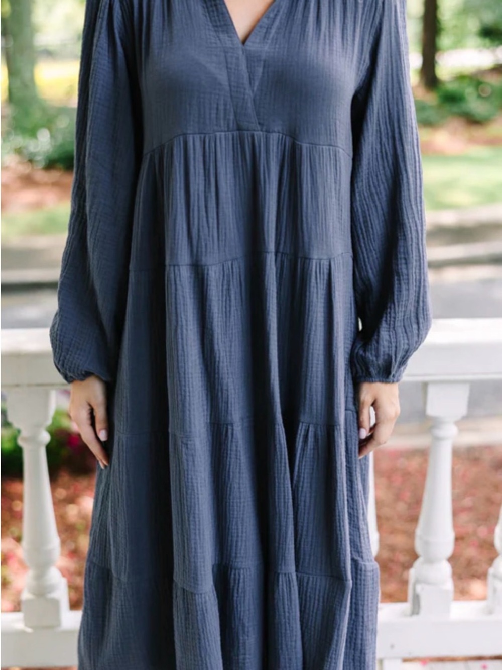 Umgee Slate Blue V-Neck Tiered Maxi Dress